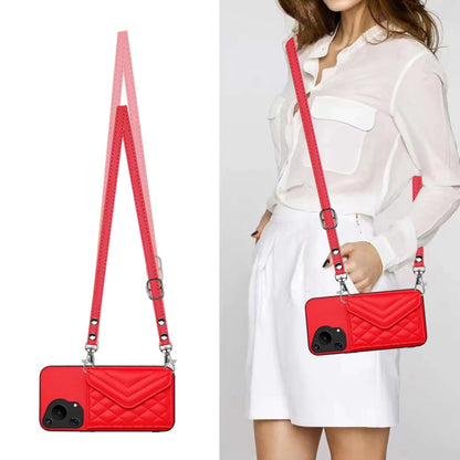 For Huawei Pura 70 Ultra Rhombic Texture Card Bag RFID Phone Case with Long Lanyard(Red) - Huawei Cases by PMC Jewellery | Online Shopping South Africa | PMC Jewellery | Buy Now Pay Later Mobicred