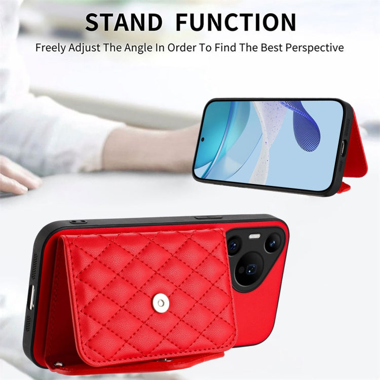 For Huawei Pura 70 Ultra Rhombic Texture Card Bag RFID Phone Case with Long Lanyard(Red) - Huawei Cases by PMC Jewellery | Online Shopping South Africa | PMC Jewellery | Buy Now Pay Later Mobicred