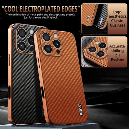 For iPhone 16 Pro Max AZNS Electroplated Edge Carbon Fiber Texture Phone Case(Brown) - iPhone 16 Pro Max Cases by AZNS | Online Shopping South Africa | PMC Jewellery | Buy Now Pay Later Mobicred