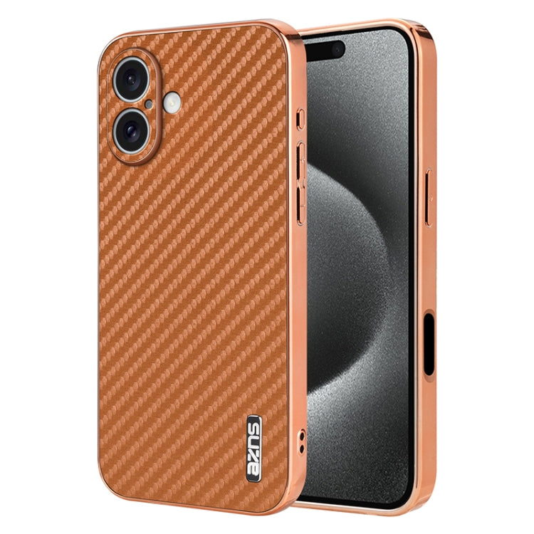 For iPhone 16 Plus AZNS Electroplated Edge Carbon Fiber Texture Phone Case(Brown) - iPhone 16 Plus Cases by AZNS | Online Shopping South Africa | PMC Jewellery | Buy Now Pay Later Mobicred