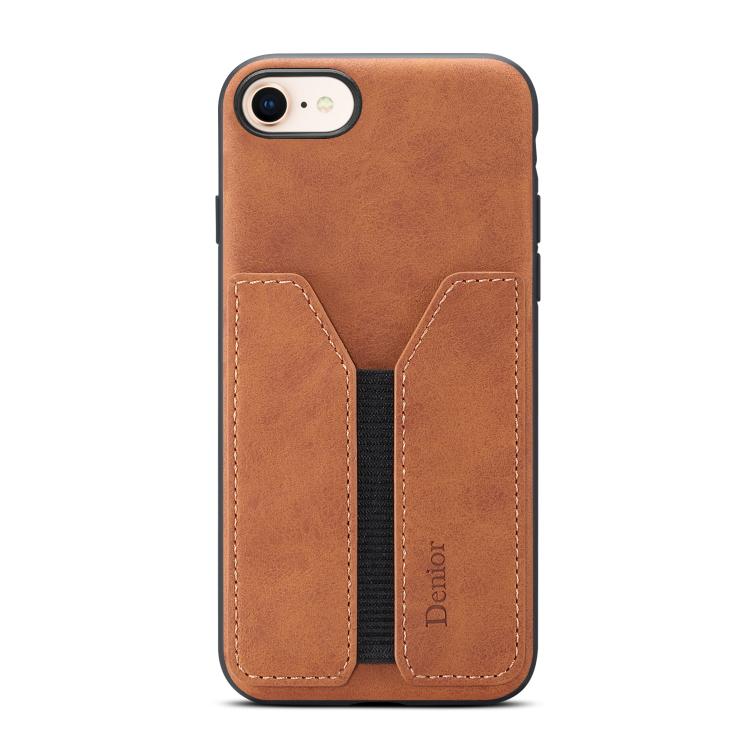For iPhone 16e Denior D07 DV Elastic Card Slot PU Back Cover Phone Case(Brown) - iPhone 16e Cases by Denior | Online Shopping South Africa | PMC TechLife | Buy Now Pay Later Mobicred