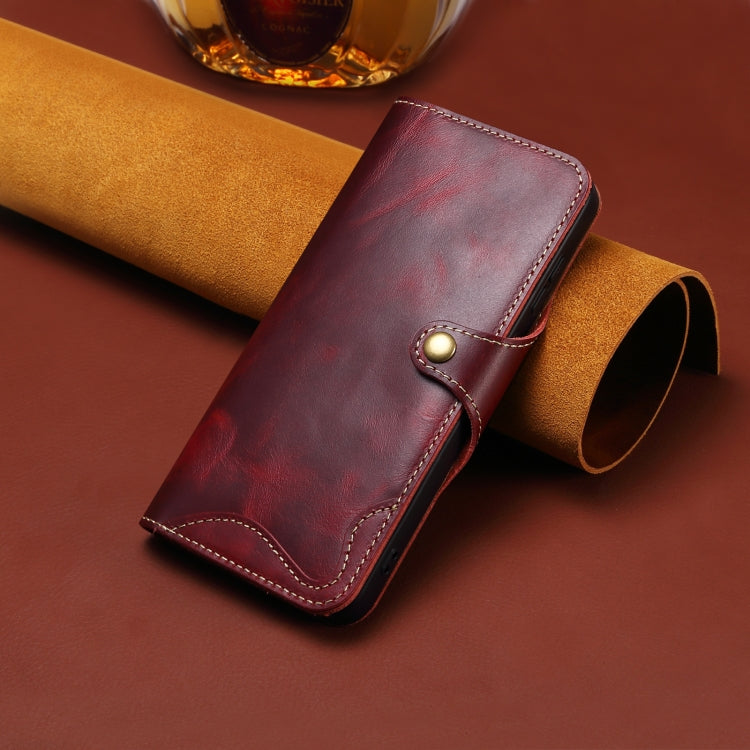 For iPhone 16 Denior B01 Oil Wax Cowhide Magnetic Button Genuine Leather Case(Red) - free shipping - PMC Jewellery - Order now!
