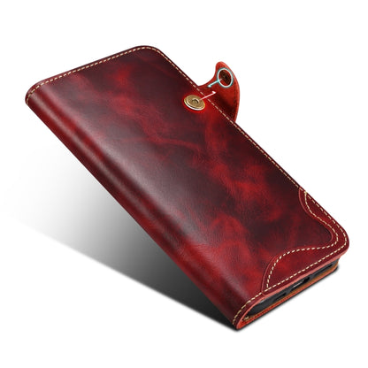 For iPhone 16 Denior B01 Oil Wax Cowhide Magnetic Button Genuine Leather Case(Red) - iPhone 16 Cases by Denior | Online Shopping South Africa | PMC Jewellery | Buy Now Pay Later Mobicred