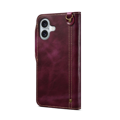 For iPhone 16 Denior B01 Oil Wax Cowhide Magnetic Button Genuine Leather Case(Purple) - iPhone 16 Cases by Denior | Online Shopping South Africa | PMC Jewellery | Buy Now Pay Later Mobicred