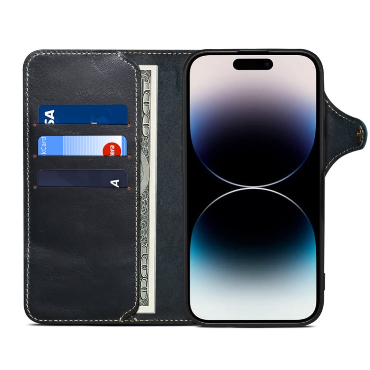 For iPhone 16 Plus Denior B01 Oil Wax Cowhide Magnetic Button Genuine Leather Case(Blue) - iPhone 16 Plus Cases by Denior | Online Shopping South Africa | PMC Jewellery | Buy Now Pay Later Mobicred