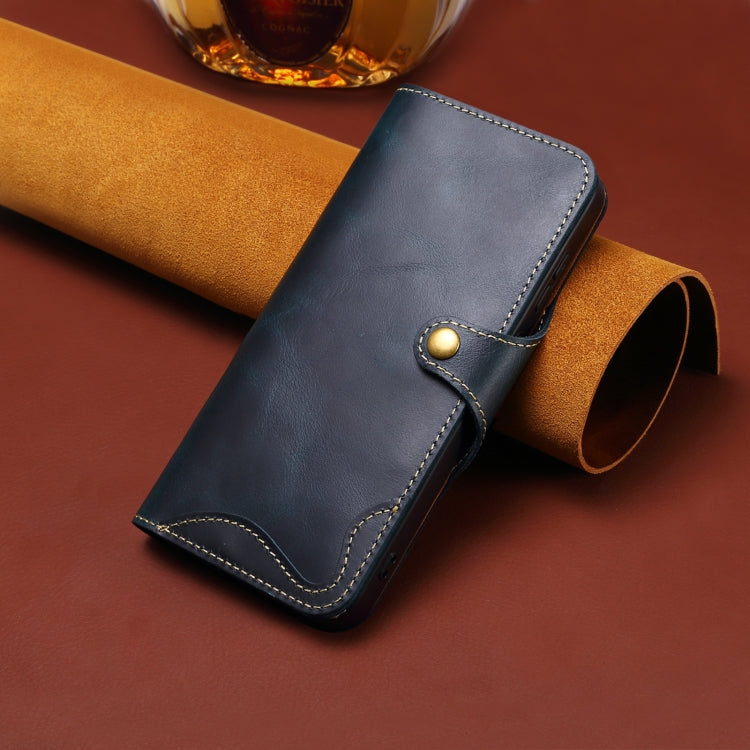 For iPhone 16 Pro Denior B01 Oil Wax Cowhide Magnetic Button Genuine Leather Case(Blue) - iPhone 16 Pro Cases by Denior | Online Shopping South Africa | PMC Jewellery | Buy Now Pay Later Mobicred