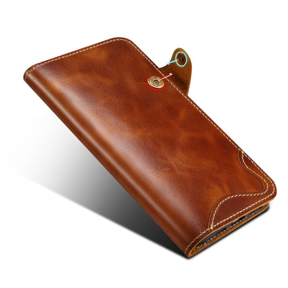 For iPhone 16 Pro Denior B01 Oil Wax Cowhide Magnetic Button Genuine Leather Case(Brown) - iPhone 16 Pro Cases by Denior | Online Shopping South Africa | PMC Jewellery | Buy Now Pay Later Mobicred