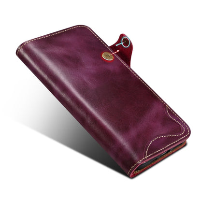 For iPhone 16 Pro Max Denior B01 Oil Wax Cowhide Magnetic Button Genuine Leather Case(Purple) - iPhone 16 Pro Max Cases by Denior | Online Shopping South Africa | PMC Jewellery | Buy Now Pay Later Mobicred