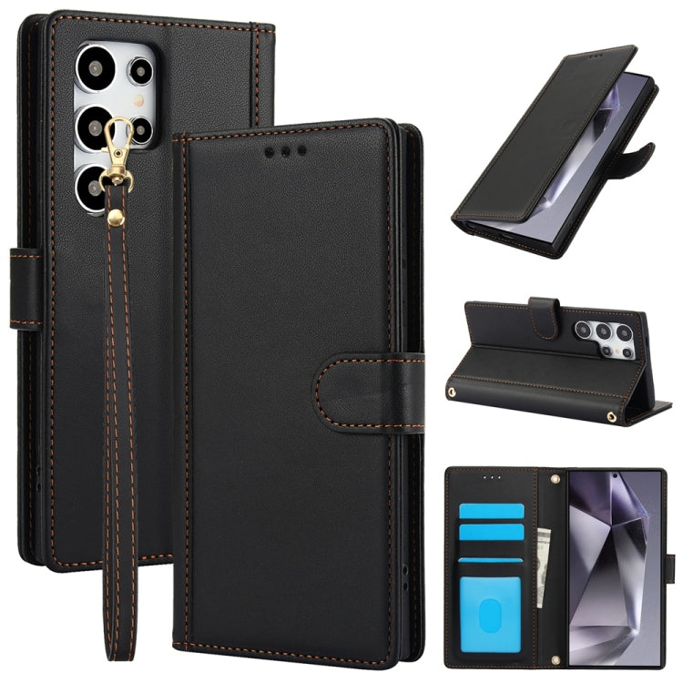 For Samsung Galaxy S25 Ultra 5G Skin Feel Pure Color Card Slots Leather Phone Case with Dual Lanyard(Black) - Galaxy S25 Ultra 5G Cases by PMC Jewellery | Online Shopping South Africa | PMC Jewellery | Buy Now Pay Later Mobicred