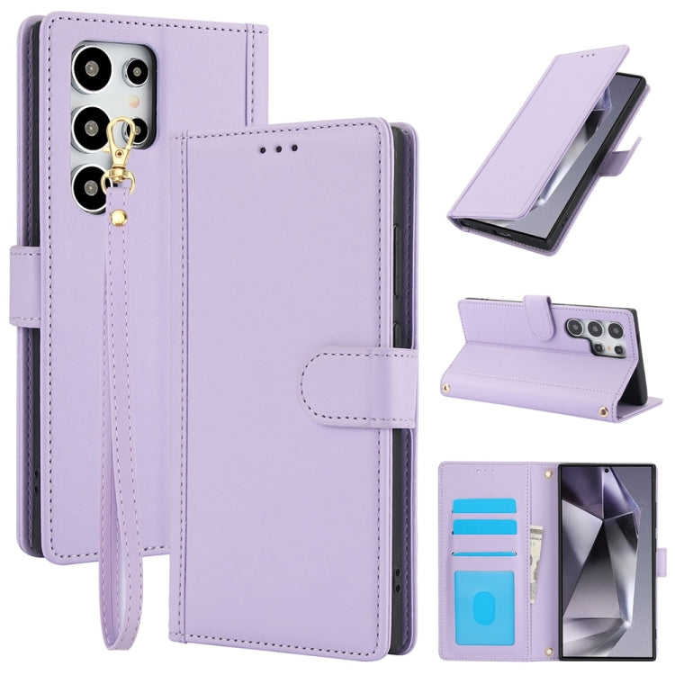 For Samsung Galaxy S25 Ultra 5G Skin Feel Pure Color Card Slots Leather Phone Case with Dual Lanyard(Purple) - Galaxy S25 Ultra 5G Cases by PMC Jewellery | Online Shopping South Africa | PMC Jewellery | Buy Now Pay Later Mobicred