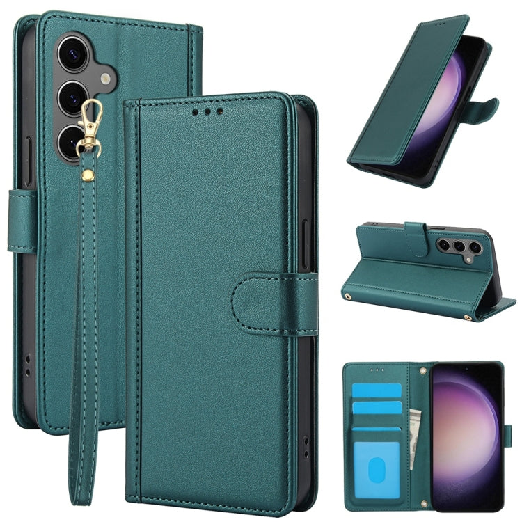 For Samsung Galaxy S25+ 5G Skin Feel Pure Color Card Slots Leather Phone Case with Dual Lanyard(Green) - Galaxy S25+ 5G Cases by PMC Jewellery | Online Shopping South Africa | PMC Jewellery | Buy Now Pay Later Mobicred