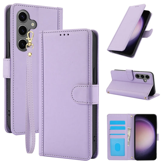 For Samsung Galaxy S25+ 5G Skin Feel Pure Color Card Slots Leather Phone Case with Dual Lanyard(Purple) - Galaxy S25+ 5G Cases by PMC Jewellery | Online Shopping South Africa | PMC Jewellery | Buy Now Pay Later Mobicred