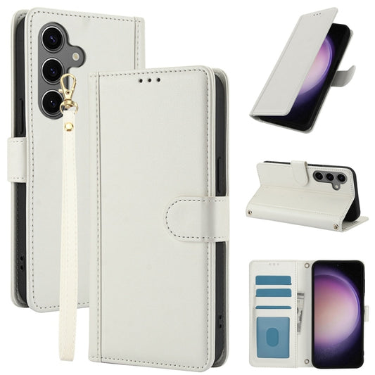 For Samsung Galaxy S25 5G Skin Feel Pure Color Card Slots Leather Phone Case with Dual Lanyard(White) - Galaxy S25 5G Cases by PMC Jewellery | Online Shopping South Africa | PMC Jewellery | Buy Now Pay Later Mobicred