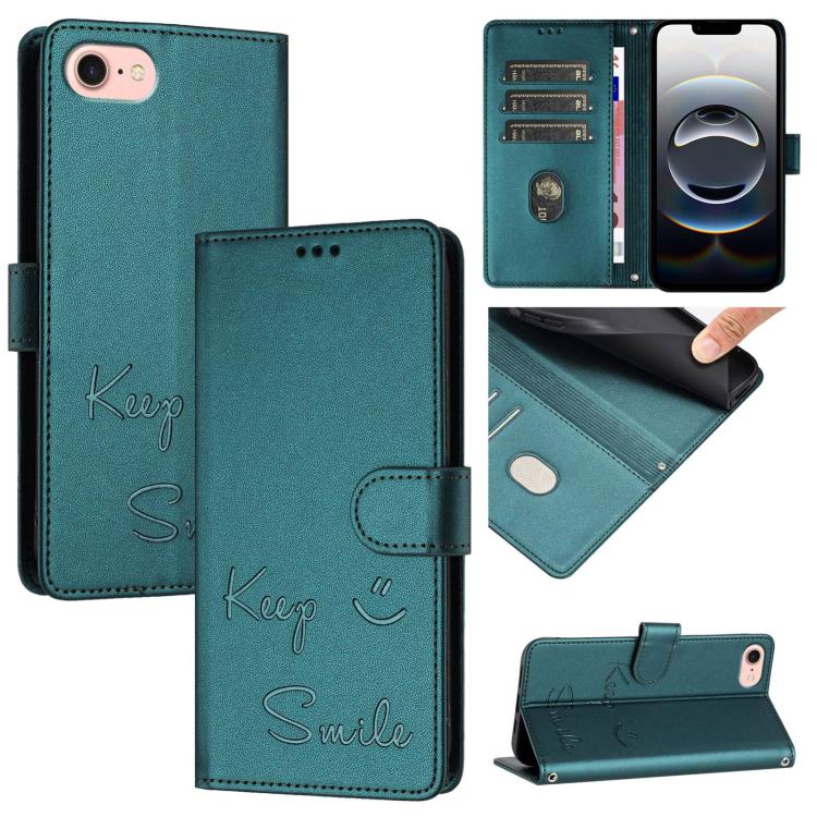 For iPhone 16e Smile Embossing RFID Leather Phone Case(Peacock Green) - iPhone 16e Cases by PMC TechLife | Online Shopping South Africa | PMC TechLife | Buy Now Pay Later Mobicred