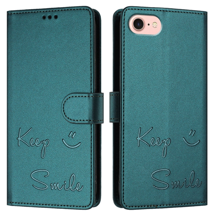 For iPhone 16e Smile Embossing RFID Leather Phone Case(Peacock Green) - iPhone 16e Cases by PMC TechLife | Online Shopping South Africa | PMC TechLife | Buy Now Pay Later Mobicred
