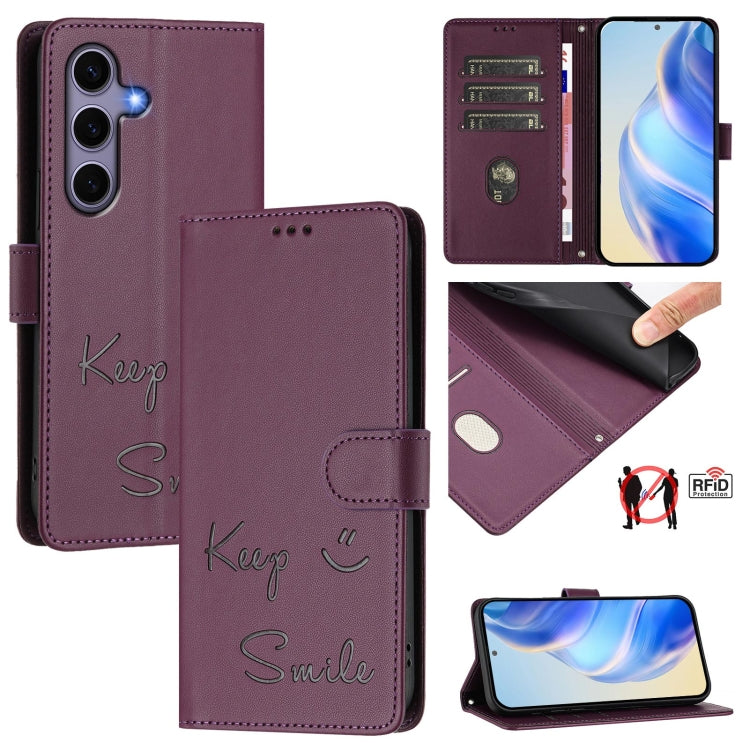For Samsung Galaxy S25 5G Smile Embossing RFID Leather Phone Case(Violet) - Galaxy S25 5G Cases by PMC TechLife | Online Shopping South Africa | PMC TechLife | Buy Now Pay Later Mobicred