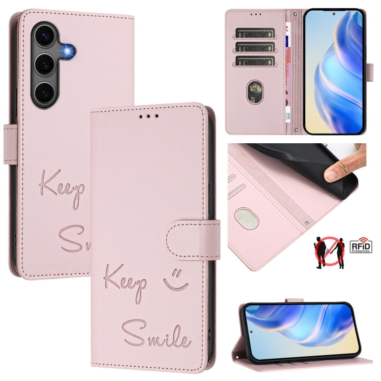 For Samsung Galaxy S25+ 5G Smile Embossing RFID Leather Phone Case(Pink) - Galaxy S25+ 5G Cases by PMC Jewellery | Online Shopping South Africa | PMC Jewellery | Buy Now Pay Later Mobicred