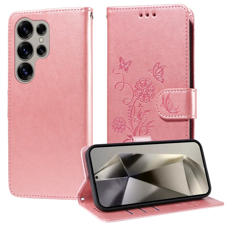 For Samsung Galaxy S25 Ultra 5G Embossed Butterfly Flowers Leather Phone Case(Rose Gold) - Galaxy S25 Ultra 5G Cases by PMC Jewellery | Online Shopping South Africa | PMC Jewellery | Buy Now Pay Later Mobicred