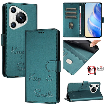 For Huawei Pura 70 Smile Embossing RFID Leather Phone Case(Peacock Green) - Huawei Cases by PMC Jewellery | Online Shopping South Africa | PMC Jewellery | Buy Now Pay Later Mobicred