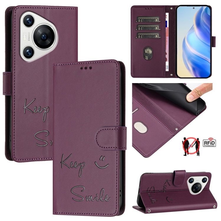 For Huawei Pura 70 Smile Embossing RFID Leather Phone Case(Violet) - Huawei Cases by PMC Jewellery | Online Shopping South Africa | PMC Jewellery | Buy Now Pay Later Mobicred