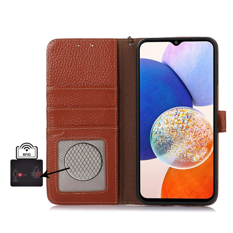 For Motorola Edge 50 Genuine Leather Litchi Texture RFID Leather Phone Case(Coffee) - Motorola Cases by PMC TechLife | Online Shopping South Africa | PMC TechLife | Buy Now Pay Later Mobicred