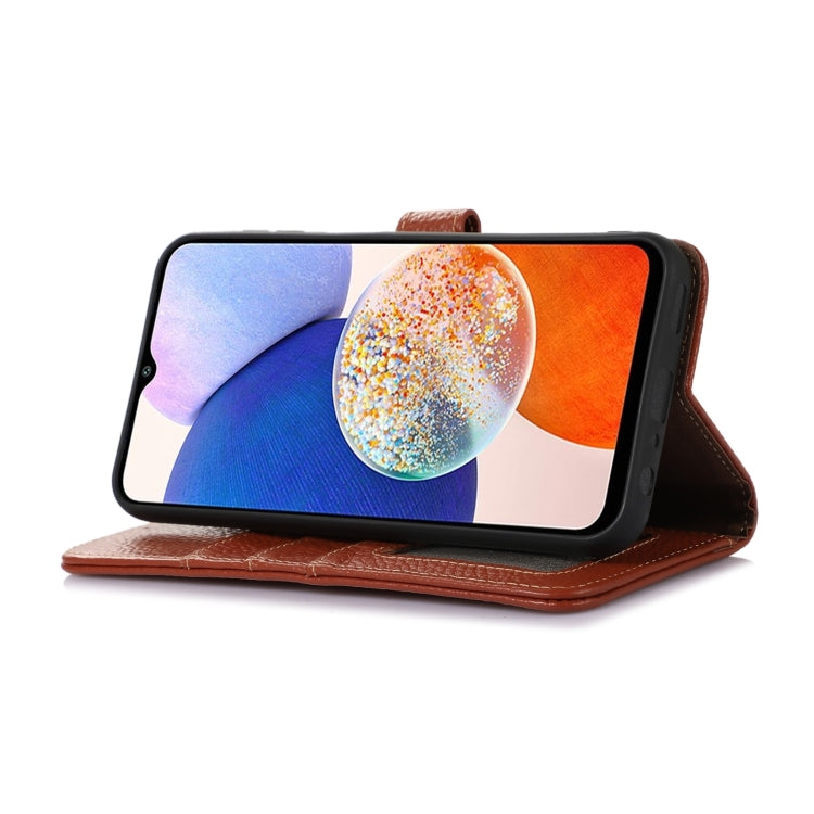 For Motorola Moto G35 Genuine Leather Litchi Texture RFID Leather Phone Case(Coffee) - Motorola Cases by PMC TechLife | Online Shopping South Africa | PMC TechLife | Buy Now Pay Later Mobicred