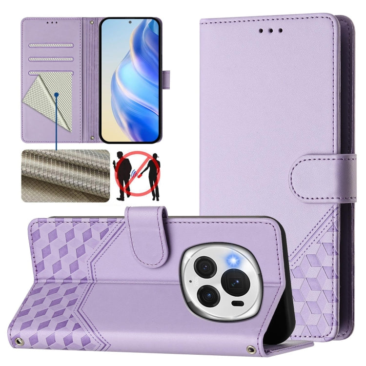 For Honor Magic6 Pro 5G Honeycomb Embossing RFID Leather Phone Case(Light Purple) - Honor Cases by PMC Jewellery | Online Shopping South Africa | PMC Jewellery | Buy Now Pay Later Mobicred