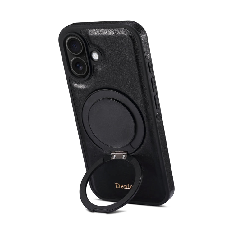 For iPhone 16 Plus Denior A17 Genuine Leather Gear Magnetic Holder Phone Case(Black) - free shipping - PMC Jewellery - Order now!