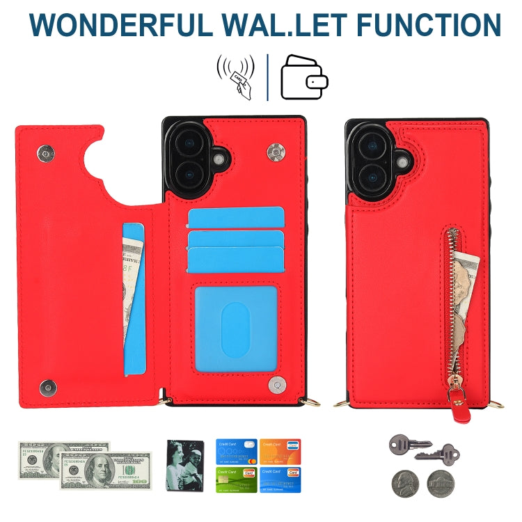 For iPhone 16 Plus Cross-body Zipper Square Phone Case(Red) - free shipping - PMC Jewellery - Order now!