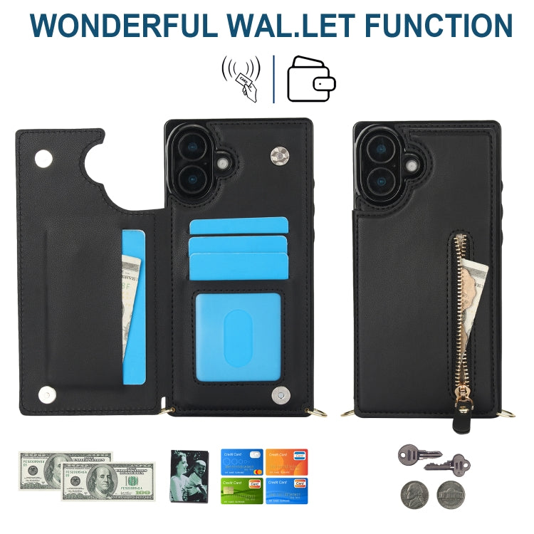 For iPhone 16 Plus Cross-body Zipper Square Phone Case(Black) - free shipping - PMC Jewellery - Order now!