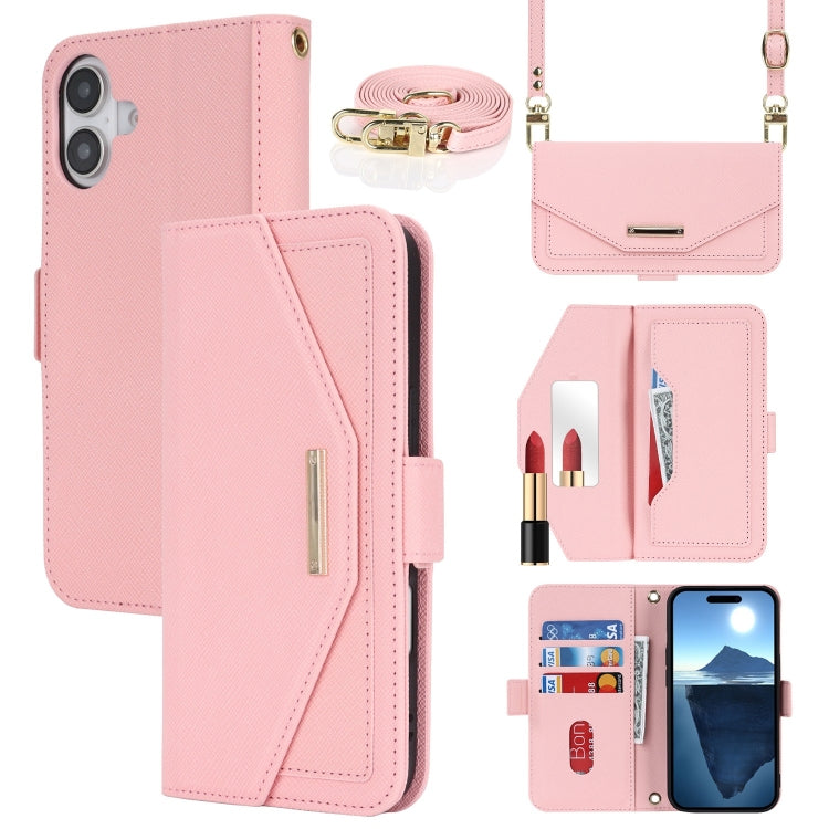 For iPhone 16 Plus Cross Texture Crossbody Lanyard Leather Phone Case(Pink) - free shipping - PMC Jewellery - Order now!