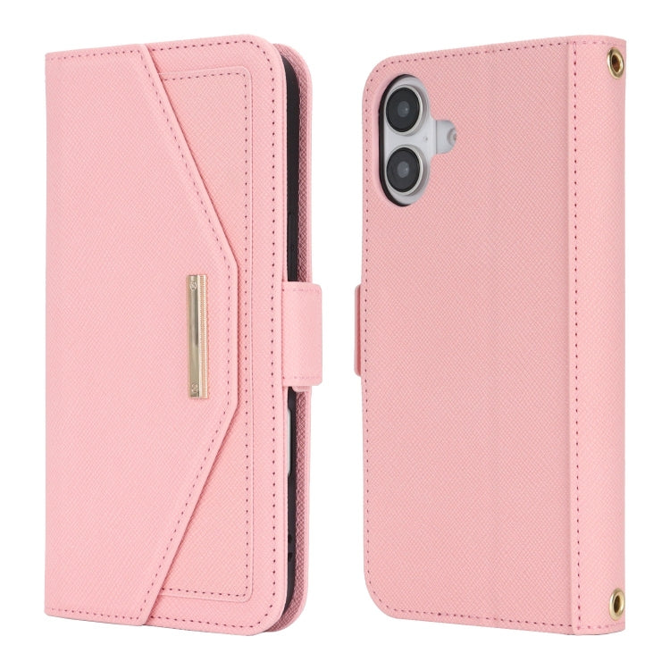 For iPhone 16 Plus Cross Texture Crossbody Lanyard Leather Phone Case(Pink) - free shipping - PMC Jewellery - Order now!