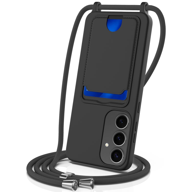For Samsung Galaxy S25+ 5G Integrated Card Bag Solid Color Liquid Silicone Phone Case with Lanyard(Black) - free shipping - PMC Jewellery - Order now!