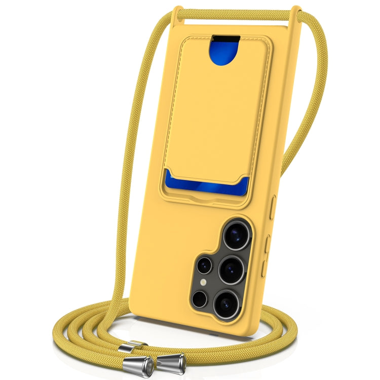 For Samsung Galaxy S25 Ultra 5G Integrated Card Bag Solid Color Liquid Silicone Phone Case with Lanyard(Yellow) - Galaxy S25 Ultra 5G Cases by PMC Jewellery | Online Shopping South Africa | PMC Jewellery | Buy Now Pay Later Mobicred