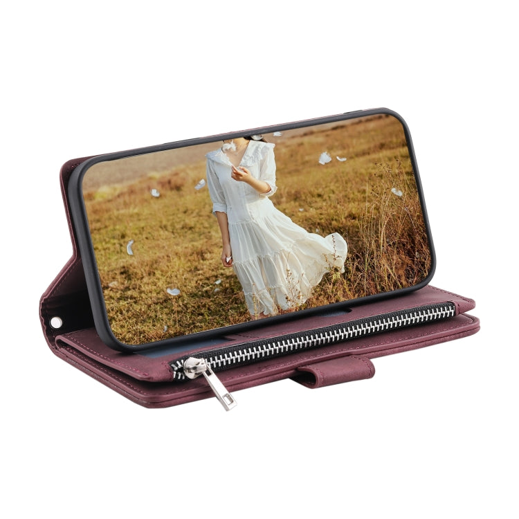 For Samsung Galaxy S25 5G Grid Texture Zipper Leather Phone Case with Lanyard(Wine Red) - Galaxy S25 5G Cases by PMC Jewellery | Online Shopping South Africa | PMC Jewellery | Buy Now Pay Later Mobicred