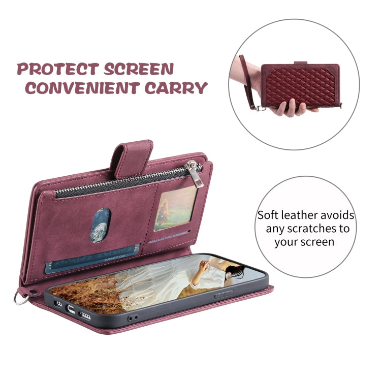 For Samsung Galaxy S25 5G Grid Texture Zipper Leather Phone Case with Lanyard(Wine Red) - Galaxy S25 5G Cases by PMC Jewellery | Online Shopping South Africa | PMC Jewellery | Buy Now Pay Later Mobicred
