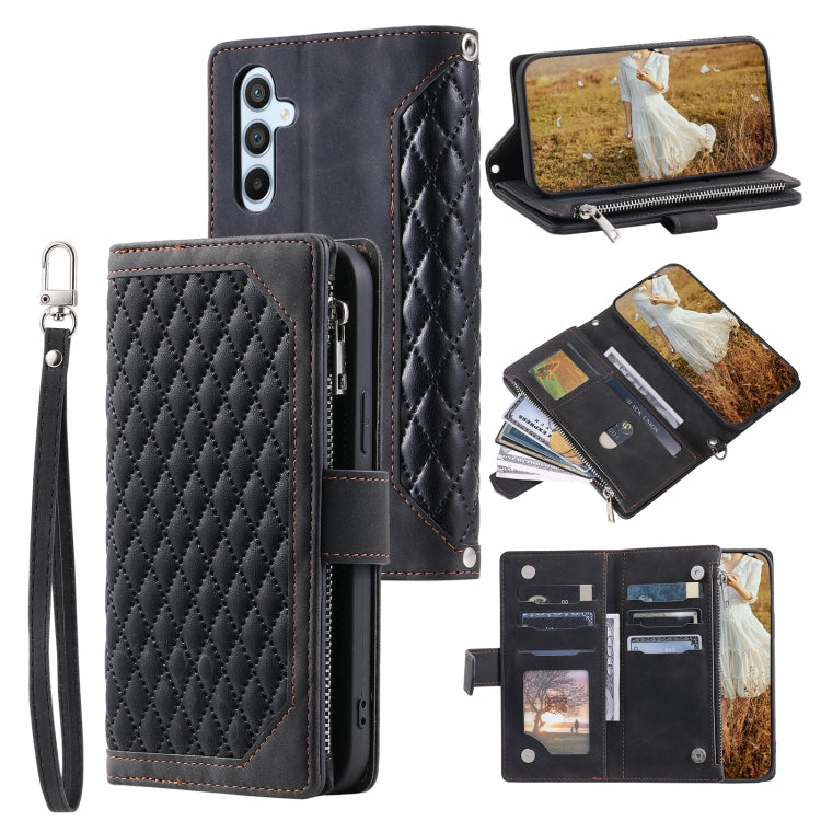 For Samsung Galaxy S25 5G Grid Texture Zipper Leather Phone Case with Lanyard(Black) - Galaxy S25 5G Cases by PMC Jewellery | Online Shopping South Africa | PMC Jewellery | Buy Now Pay Later Mobicred