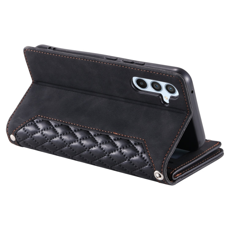 For Samsung Galaxy S25 5G Grid Texture Zipper Leather Phone Case with Lanyard(Black) - Galaxy S25 5G Cases by PMC Jewellery | Online Shopping South Africa | PMC Jewellery | Buy Now Pay Later Mobicred