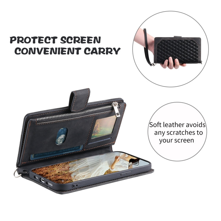 For Samsung Galaxy S25 5G Grid Texture Zipper Leather Phone Case with Lanyard(Black) - Galaxy S25 5G Cases by PMC Jewellery | Online Shopping South Africa | PMC Jewellery | Buy Now Pay Later Mobicred