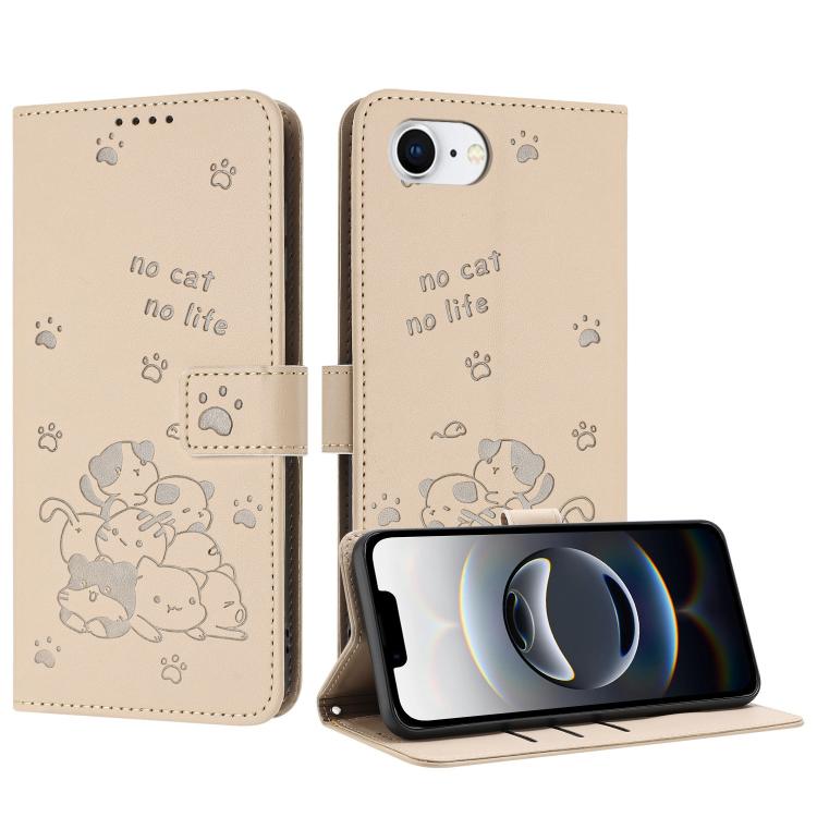 For iPhone 16e Embossed Kitten Phone Leather Case with Lanyard(Beige) - iPhone 16e Cases by PMC TechLife | Online Shopping South Africa | PMC TechLife | Buy Now Pay Later Mobicred