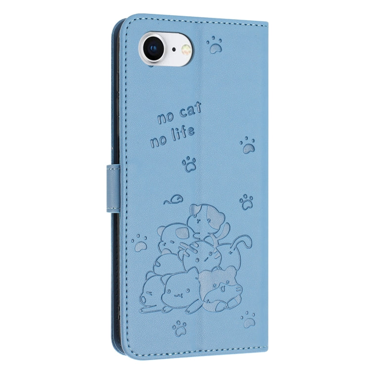 For iPhone 16e Embossed Kitten Phone Leather Case with Lanyard(Blue) - iPhone 16e Cases by PMC TechLife | Online Shopping South Africa | PMC TechLife | Buy Now Pay Later Mobicred