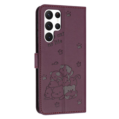 For Samsung Galaxy S25 Ultra 5G Embossed Kitten Phone Leather Case with Lanyard(Wine Red) - Galaxy S25 Ultra 5G Cases by PMC Jewellery | Online Shopping South Africa | PMC Jewellery | Buy Now Pay Later Mobicred