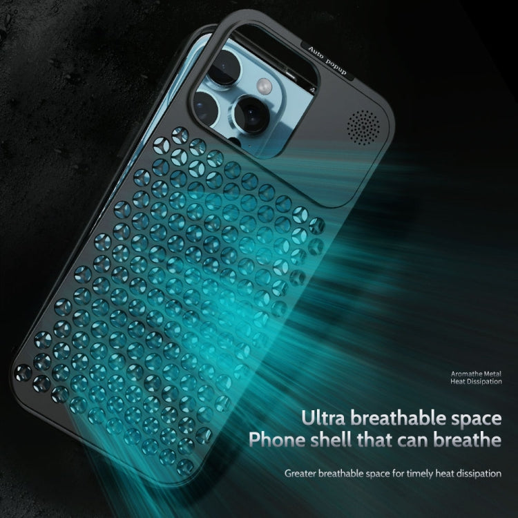 For iPhone 16 R-JUST RJ58 Aromatherapy Metal Cooling Phone Case(Black) - iPhone 16 Cases by R-JUST | Online Shopping South Africa | PMC Jewellery | Buy Now Pay Later Mobicred