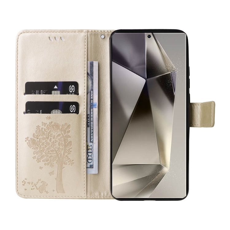 For Samsung Galaxy S25 Ultra 5G Tree & Cat Embossed Pattern Flip Leather Phone Case(Gold) - Galaxy S25 Ultra 5G Cases by PMC Jewellery | Online Shopping South Africa | PMC Jewellery | Buy Now Pay Later Mobicred
