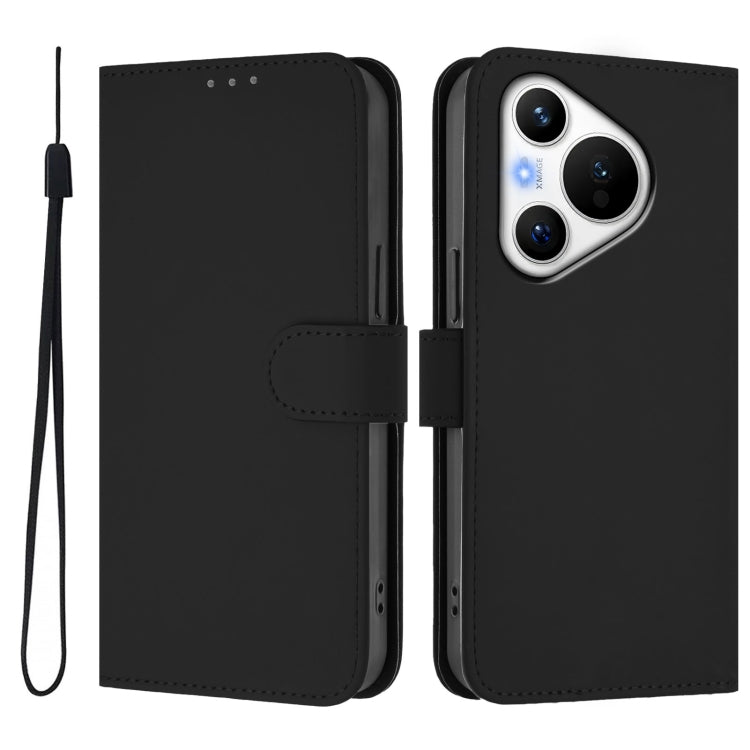 For Huawei Pura 70 Skin Feel Solid Color Leather Phone Case with Lanyard(Black) - Huawei Cases by PMC Jewellery | Online Shopping South Africa | PMC Jewellery | Buy Now Pay Later Mobicred