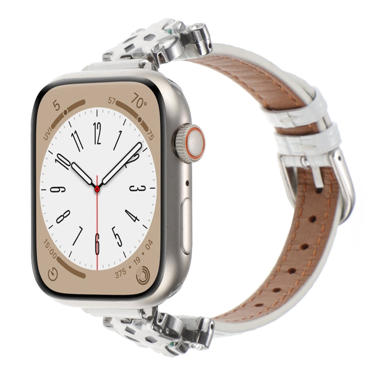 For Apple Watch 42mm / 41mm / 40mm / 38mm Leopard Head Bamboo Texture Leather Watch Band(Silver White) - free shipping - PMC TechLife - Order now!