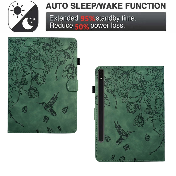 For Samsung Galaxy Tab S9 Flowers and Bird Embossed Smart Leather Tablet Case(Green) - free shipping - PMC Jewellery - Order now!