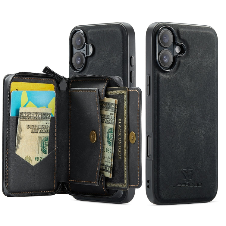 For iPhone 16 Plus JEEHOOD J02 Magnetic Zipper Horizontal Flip Leather Phone Case(Black) - free shipping - PMC Jewellery - Order now!