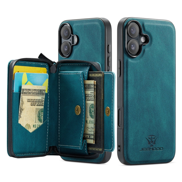 For iPhone 16 JEEHOOD J02 Magnetic Zipper Horizontal Flip Leather Phone Case(Blue) - free shipping - PMC Jewellery - Order now!