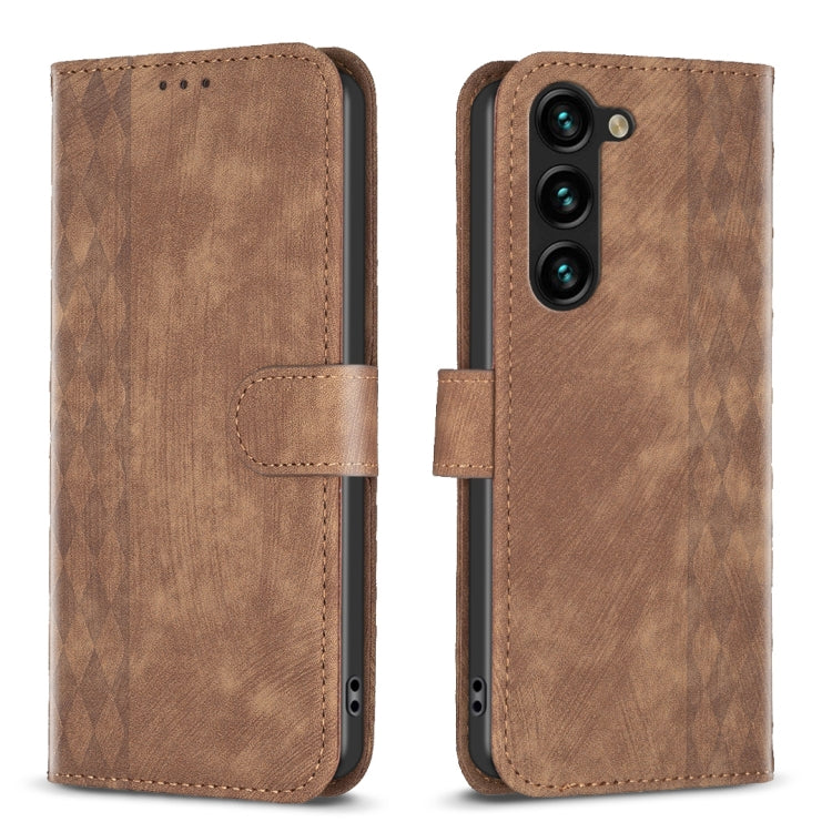 For Samsung Galaxy S25 5G Plaid Embossed Leather Phone Case(Brown) - Galaxy S25 5G Cases by PMC Jewellery | Online Shopping South Africa | PMC Jewellery | Buy Now Pay Later Mobicred